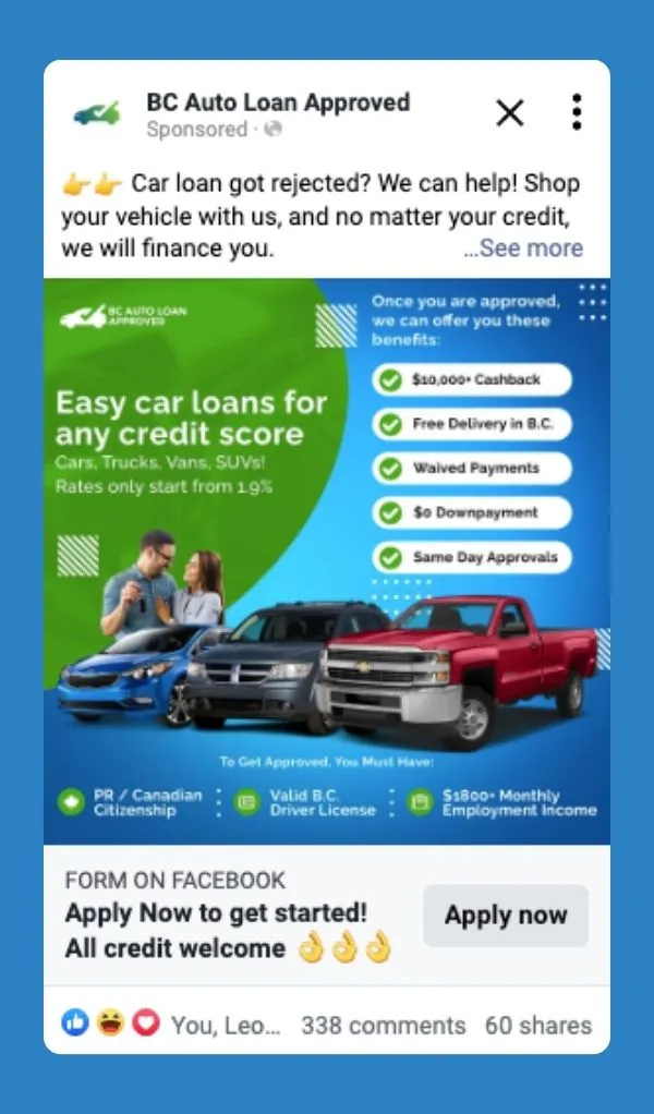 BC Auto Loan Approved's Facebook ad