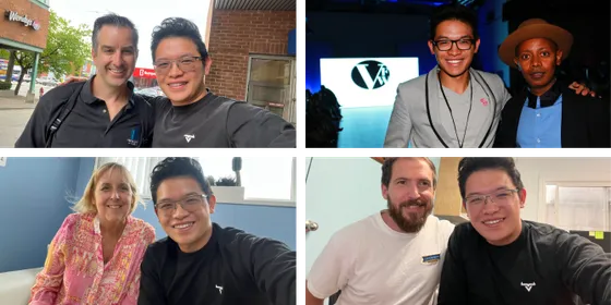 Four photos of the Coding Bull team meeting people in person