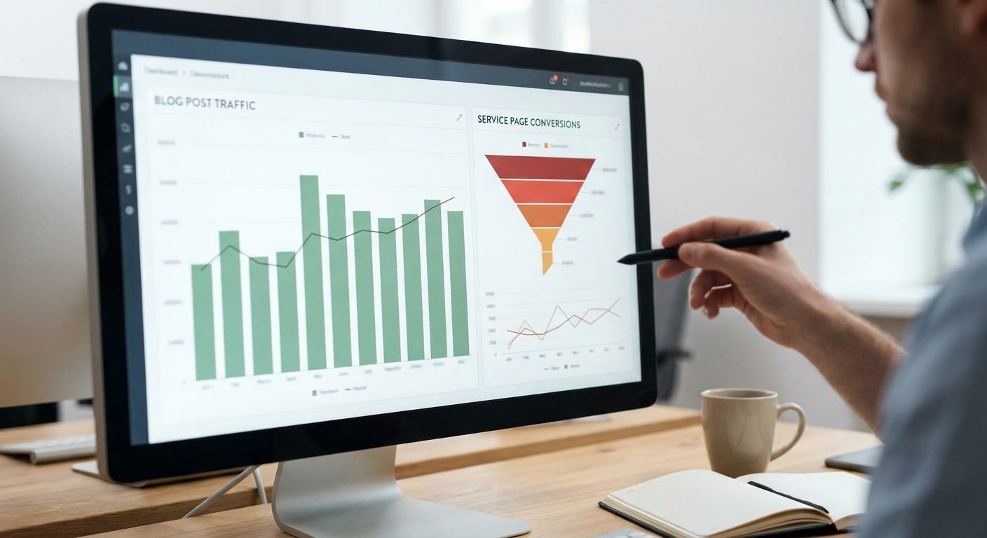 A digital analytics dashboard highlighting the traffic distribution between high-traffic blog posts and conversion-focused service pages.
